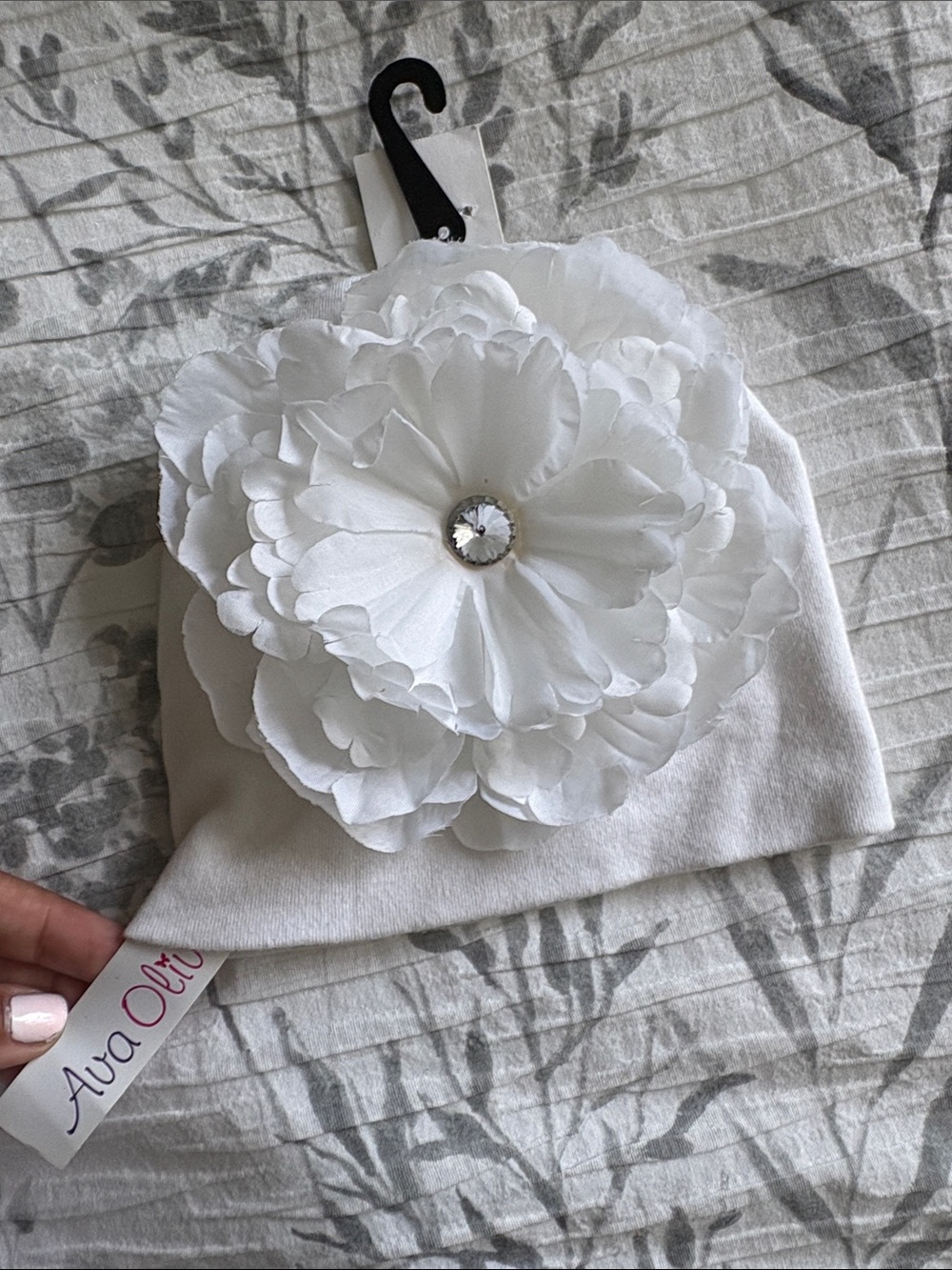 White Baby Flower Beanie with Jewel Accent